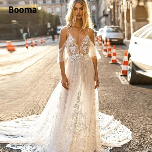 Booma Off Shoulder Boho Wedding Dresses Lace Appliqued 2020 Tulle Beach Bridal Gowns A-line Princess Wedding Gown Long Train
