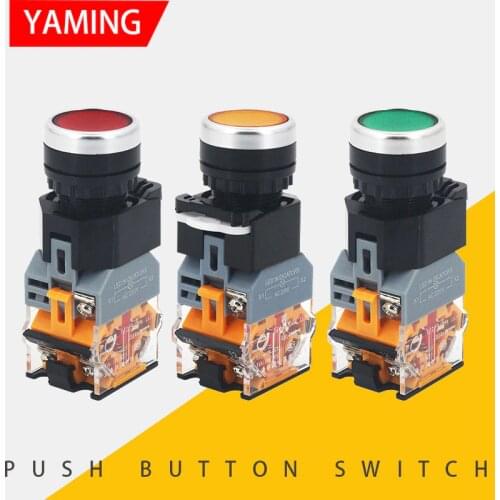 2pcs Indicator 22mm Push Button Switch Lamp 10A 380V Latching/Reset With Light LA38-11D 11DN Power Supply Flat Knob 1NO 1NC