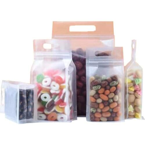 50Pcs Matte Clear Plastic Stand Up Zip Lock Side Gusset Portable Package Bag Heat Sealing Zipper Storage Bag Candy Nuts Pack