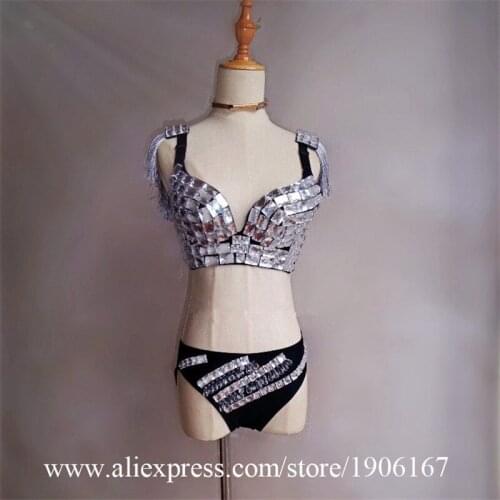 Sequin Mirror Light Women Sexy Silver Female Singer DJ DS Dance Stage Costume Outfit Show Clothing Dress Wear