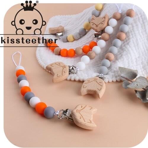 Kissteether Customized Baby Name Wooden Fox Wooden Pacifier Clips Chain Newborn Boy Girl Dummy Clips Nursing Pacifier Chain