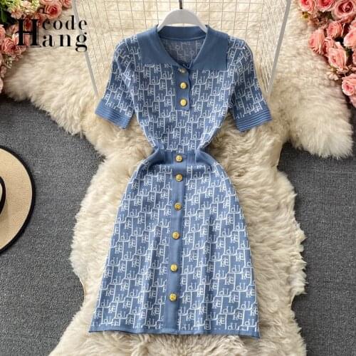 HangCode Brand Fashion Letters Knitted Summer Dress Women 2021 Elegant Single-breasted Ladies Office Dress Casual Short Dress