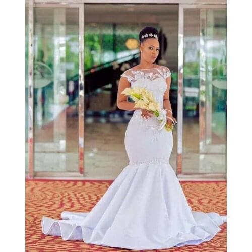 Top Sale Cap Sleeves Lace Appliques Mermaid Wedding Dresses Satin Sweep Train Robes De Mariee Bridal Gowns