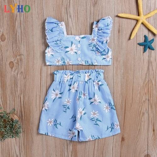 Toddler Girls Top Shorts Sets Pants Summer Girl Clothes Blue Stripe Floral Print Ruffle Kids Clothing Outfits Suits