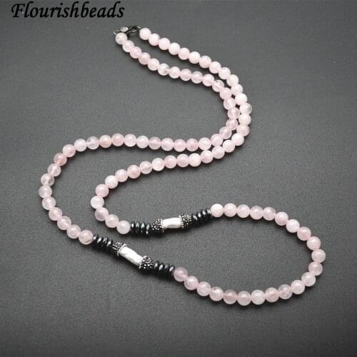 Natural rose quartz 8mm Stone Round Beads and White Pearl Long Rope Chains Beaded Necklace Fashion Party Jewelry Gift