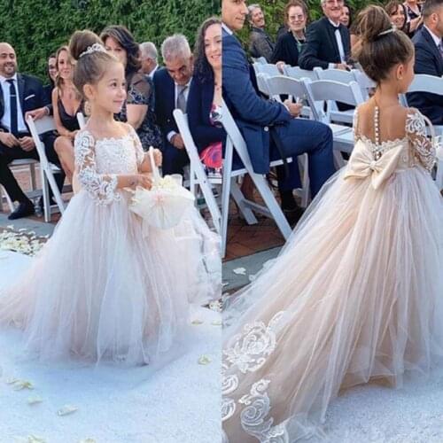 White Ivory Tulle Flower Girl Dress with Bow Lace Appliques Long Sleeve For Wedding Birthday Ball Gown First Holy Communion