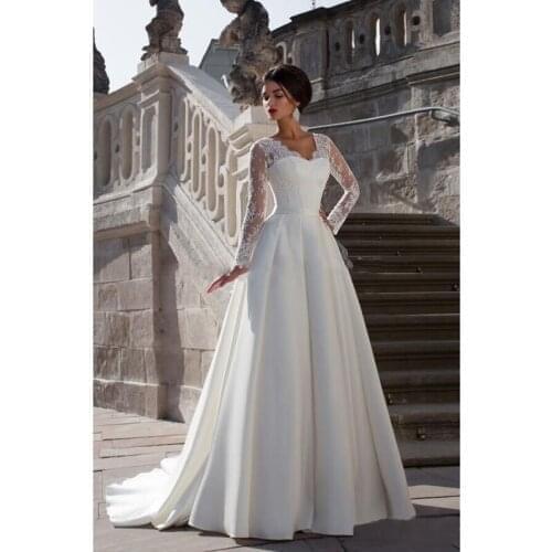 V Neck Wedding Dress Lace Long Sleeves A Line Stain Elegant Wedding Gowns for Bridal 2021 Robe Zipper De Mariee
