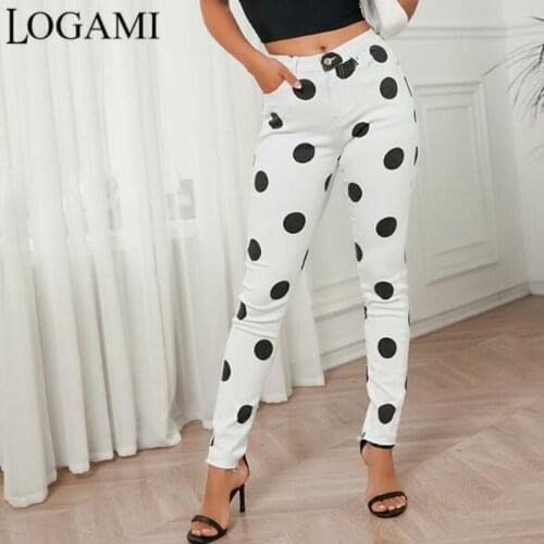 LOGAMI Polka Dot Stretch Pencil Jeans Woman Slim Vintage Jeans Women Denim Pants White