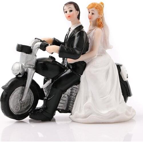 Fashion Cake Topper Bride Groom on Motorcycle Resin Figurine Wedding Ornament