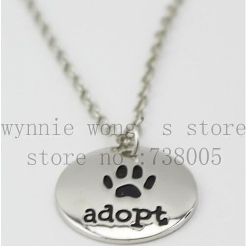 2015 new Silver ADOPT. Round Pendant with Paw Print and Adopt Message Necklace Pet Rescue Paw Print Tag Wholesale Jewelry