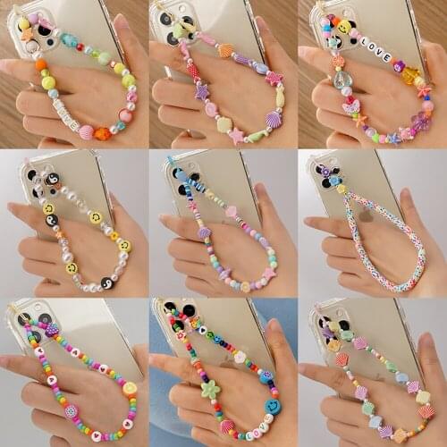 2021 New Ins Trendy Colorful Smiling Beads Chain Mobile Phone Chain Anti-lost Handmade Charm Acrylic Cord Lanyard for Women