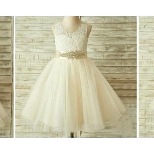Beige New Flower Girls Dress Beaded Belt Buttons Back Little Princess First Communion Dress