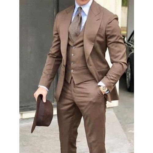 New Arrival One Button Brown Groom Tuxedos Groomsmen Peak Lapel Mens Suits Blazers (Jacket+Pants+Vest+Tie) W:1043