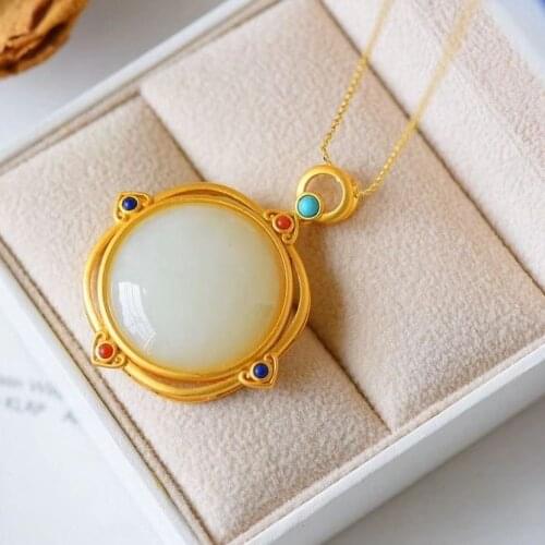 New silver inlaid natural Hetian Chalcedony egg face Pendant Necklace Chinese style retro court charm womens jewelry