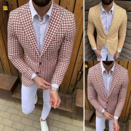 New Houndstooth Pink White Jacket Wedding Dress Business Men Suits Slim Fit 2pcs Patterned Bazers with White Pants