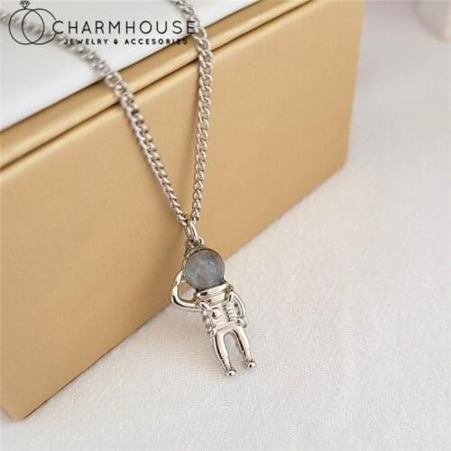 Pure Silver Charm Necklaces For Man Women Astronaut Opal Gem Pendant & Necklace Long Chain 24inch Collier HipHop Jewelry Bijoux