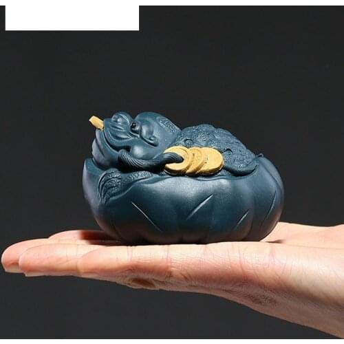 PINNY Yixing Purple Clay Lotus Leaf Gold Toad Tea Pet Ceramic Tea Ceremony Ornaments ZiSha Masco Statues Tabletop Handcrafts