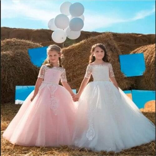 Beauty Girl Prom Dress Flower Girl Dress For Wedding Lace Up Half Sleeves Prepared For Birthday Communion Gowns