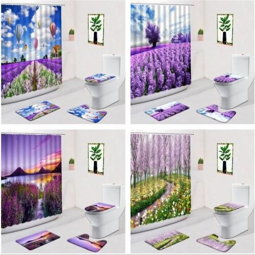 Romantic Lavender Shower Curtains Hot Air Balloon Flower Home Decor Non-Slip Flannel Carpet Bathroom Mat Door Pad Toilet Cover