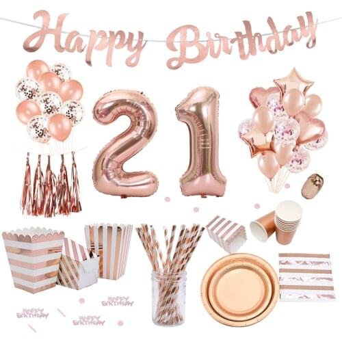 Rose Gold 21st Birthday Party Decoration Happy Birthday Balloons Banner Popcorn Boxes Garland for 21 Years Old Party Supplies