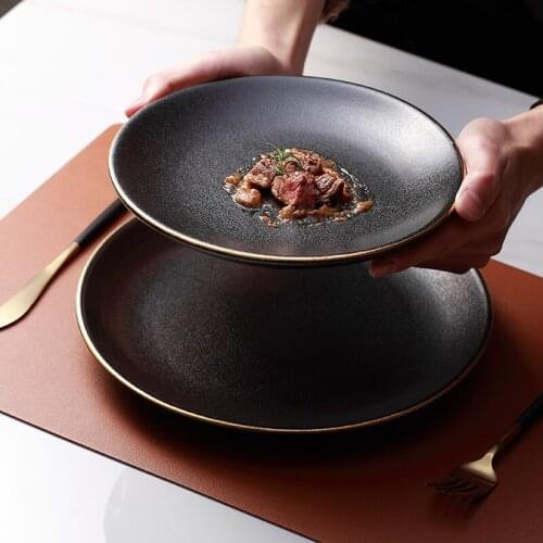 Steak Western Plate Japanese Style Black Frosted Creative Commercial Steak Plate Household Round Flat Plate Western Food Plate