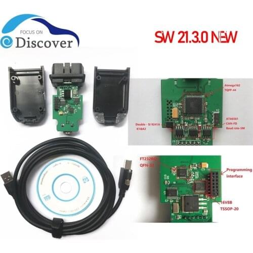 V1 V2 21.3.0 Electrical Testers OBDII 16 Pin Diagnostic Cable ATMEGA162 FTDI SI K1 K2 9241A chip V2 green PCB SW 21.3.0 HW19.6.1