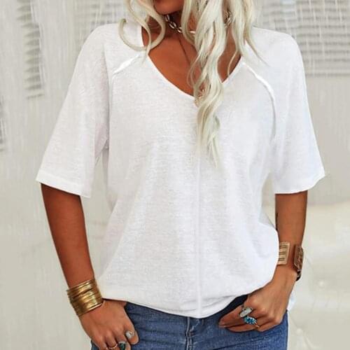 Half Sleeve V-neck Women T-shirt Sweat Absorbing Solid Color Loose Summer T-shirt Pullover