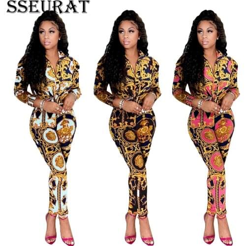 SSEURAT Women Set Print Full Sleeve Single Breasted Shirts Tops Pencil Pants Two 2 Piece Sets Office Lady Fashion Autumn Outfit