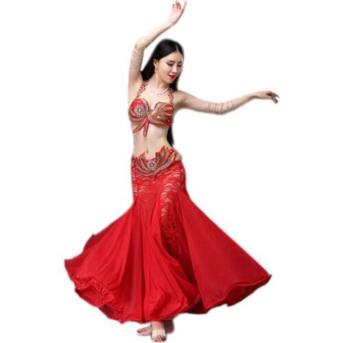 Belly Dance Clothing Sexy Dancewear Spandex Suit for Practice Dancing Dress Performance Lace Outfit Full Skirt for Women