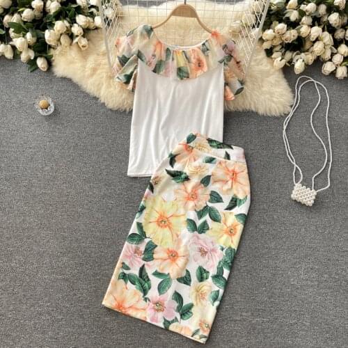 Womens Summer 2 Piece Dress Suit Sweet Ruffled Round Neck Top Shirt High-end Elegant Print Two-piece Skirt Set