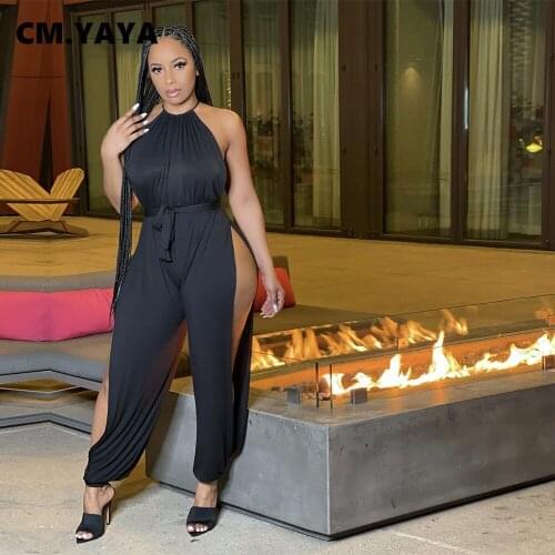 CM.YAYA Women High Slit Side Sexy Jumpsuit for Skinny Elastic Sleeveless Halter Romper Streetwear Overall Outfits Playsuit