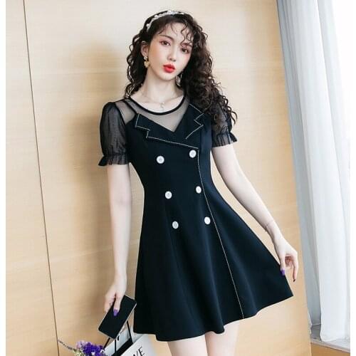 2021 Spring Summer New Korean Temperament Mesh Stitching Slim V-Neck Sexy Puff Sleeve One Piece Fashion WomenS Clothing Dress