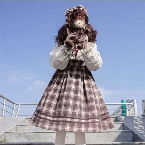 Vintage Female Lolita Autumn Winter Long Sleeve Plaid Daily Op Dresses Lolitas Outfit Sweet Girl High Waist Peter Pan Collar Cos