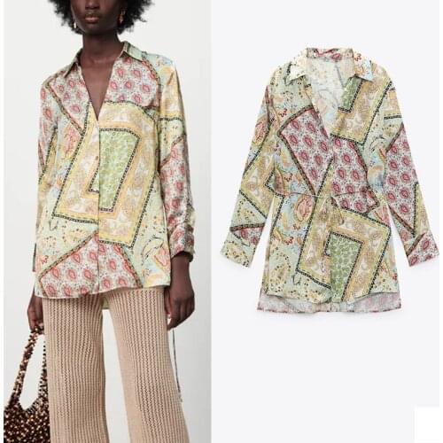 2021 Za Print Kaftan Female Shirts Casual Lapel Long Sleeve Summer Blouse Chic Button Tied Belt Side Slits Hem Mini Shirts Dress