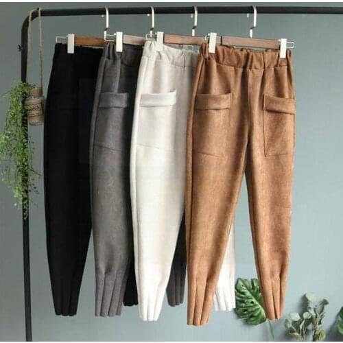 Richkeda Store New 2021 Spring Autumn Suede Womens Harem Pants Elastic Waist Pockets Casual Joggers Women Trousers Loose