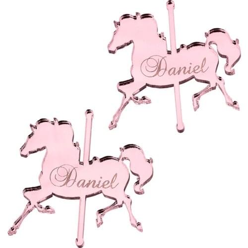 6cm Personalized Engraved Mirror Wood Baby Name Horse Invitation Card Wooden Baby Shower Chocolates Birthday Gift Decor Favors