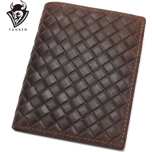 Mens Billfold Genuine Leather Wallet Credit Card Crazy Horse Woven Pattern Stylish And Fashionable Coin Purse