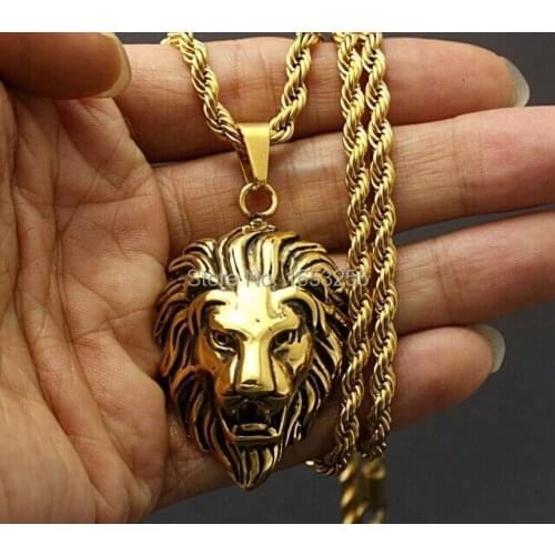 For XMAS Holiday Gifts Jewelry Vintage Gold Stainless Steel Gothic Biker Lion Head Pendant Necklace 24" Rope Chain