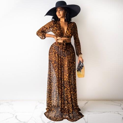 Felyn 2020 Ins Internet Celebrity Famous 2 pcs Women Set Leopard V-neck Short Tops Maxi Dress Summer Beach Outfits