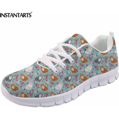 INSTANTARTS Cute Maine Coon Cat Flower Sneakers Women Casual Lace Up Flat Shoes Breathable Female Flats Walking Tenis Footwear