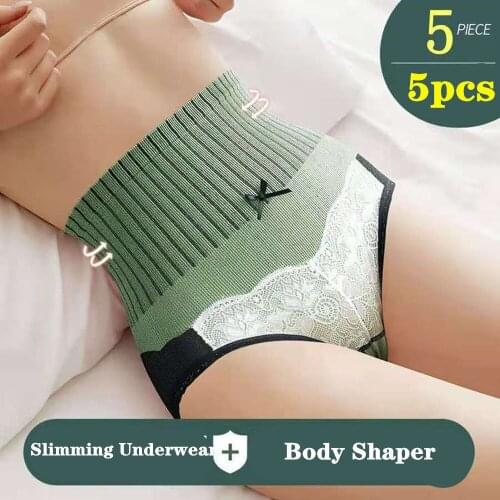5Pcs Panties High Waist Body Shaper Women Lace Tummy Control Butt Lifter Shapewear Graphene Cotton Crotch Slimming Underwear
