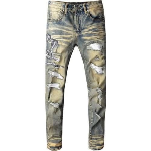 Mens snake embroidered retro denim jeans Slim skinny holes 2020 new patchwork stretch pants
