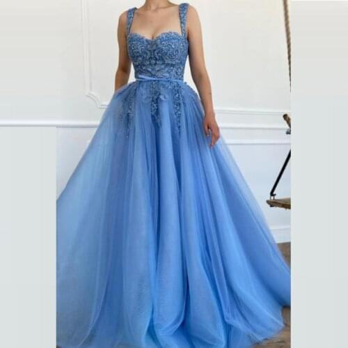 Blue Sweetheart Evening Dresses 2021 Lace Appliques Sleeveless A-line Prom Gowns Floor Length Tulle Formal Party Dress Robe