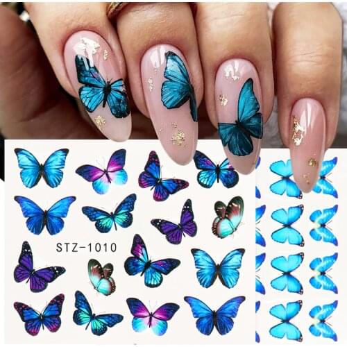 4pcs/Set Nail Butterfly Stickers Watercolor Decals Blue Flowers Sliders Wraps Manicure Summer Nail Art Decorations TRSTZ984-1017
