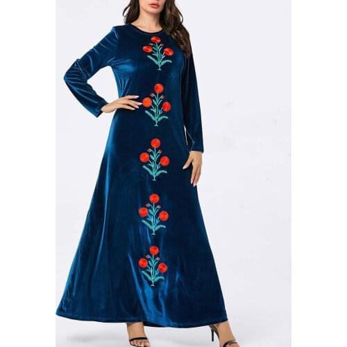 2021 New Muslim Abaya Clothing Velvet Dresses Embroidery Flowers Fashion Loose Plus Size Long sleeve Evening Maxi Dress Ladies