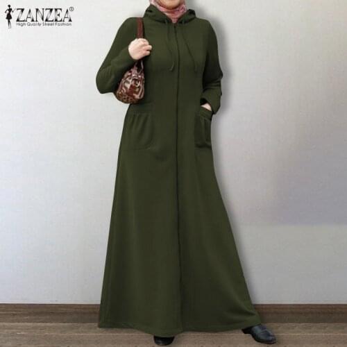 2021 Autumn Solid Hooded Sweatshirt Dress ZANZEA Women Long Sleeve Dress Casual Hoodie Muslim Hijab Kaftan Female Robe