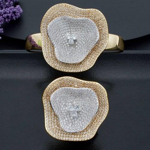 Especially Design Flower Cubic Zircon Copper Women Engagement Wedding Big Bracelet Bangle Ring Set Dress Fashion Jewelry