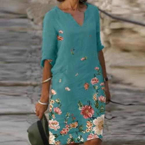 Vintage Floral Print Dress Women 2021 Summer Elegant V-Neck Half Sleeves Knee Length Dresses Female Casual Loose Vestidos