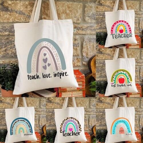 Rainbow Teacher Women Shopping Bag Female Canvas Cloth Shoulder Bags Travel Storage Handbag Reusable Foldable Eco Tote Best Gift
