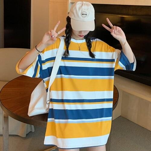 Harajuku Shirt Hip Hop Colorful Stripes T-Shirt Women Unisex Couple Clothes Gothic Grunge Clothes Kpop Oversized Korean Clothes